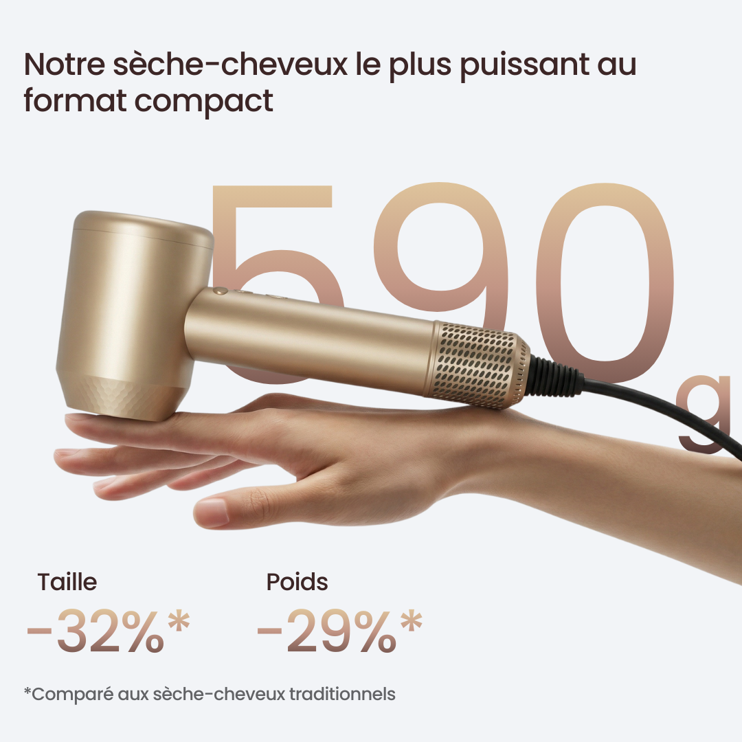 Sèche-cheveux intelligent. Auto-adapte la chaleur grâce aux capteurs.
